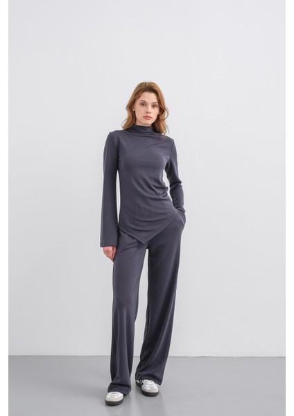 Füme Kadın Yumuşak Dokulu Premium Modal Balıkçı Yaka Asimetrik Kesim Alt-Üst Takım