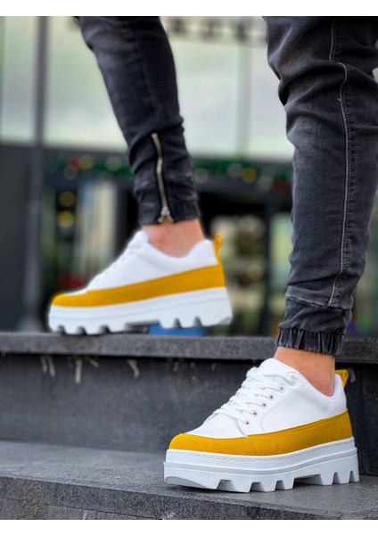 KB-056 Kuback Beyaz Sarı Detaylı Beyaz Yüksek Taban Günlük Spor Ayakkabı modelleri