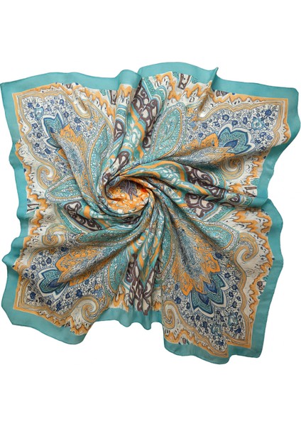 Kadın Turkuaz Kenarlı Mavi Turuncu Etnik Desenli Soft Saten Kare Eşarp