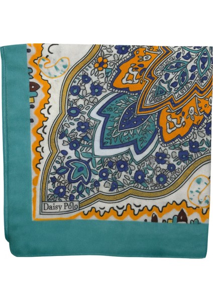 Kadın Turkuaz Kenarlı Mavi Turuncu Etnik Desenli Soft Saten Kare Eşarp fiyatları