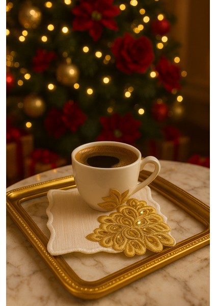 Gold Çiçekli Yılbaşı Temalı Premium Sunum Peçetesi – El Nakışı