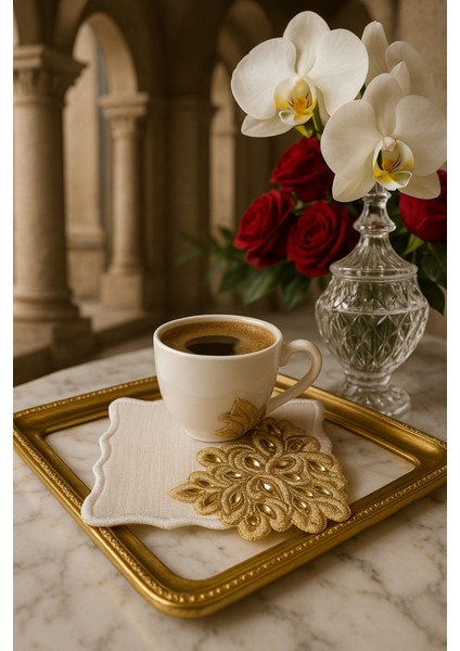 Gold Çiçekli Yılbaşı Temalı Premium Sunum Peçetesi – El Nakışı fiyatları