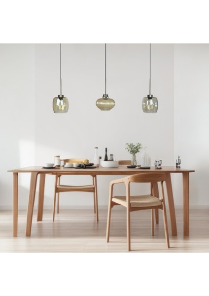 Üçlü Lunex Cam Bal Rengi Avize Ince Eskitme Başlık Sarkıt Yemek Masası Üstü Iç Mekan Cafe Otel