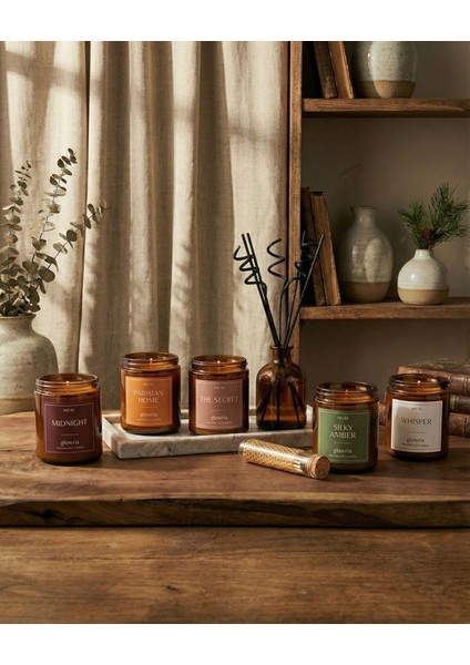 Amber Işıltısı 3’lü Ev Dekor Seti – Amber Bardak Mum, Oda Kokusu, Kibrit Fanusu -Mum Dekor Seti Konsept Mum modelleri