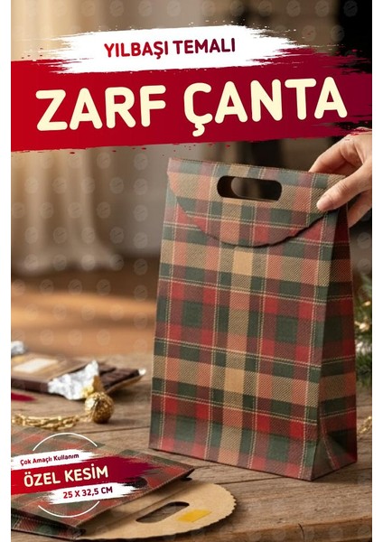 Yılbaşı Ekose Baskılı Zarf Model Karton Çanta 25 x 32,5x 4,5cm 1 Adet ,yılbaşı Hediye KUTUSU-T1538