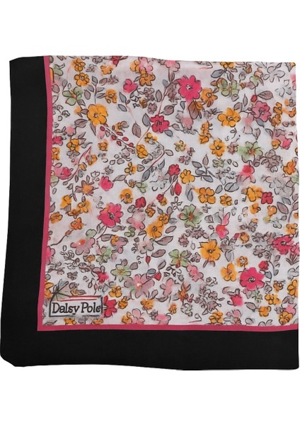 Kadın Renkli Çiçek Desenli Eşarp – Siyah Fuşya Bordürlü Modern Tasarım