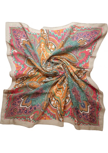 Kadın Çok Renkli Etnik Desenli Saten Dokulu Kare Eşarp