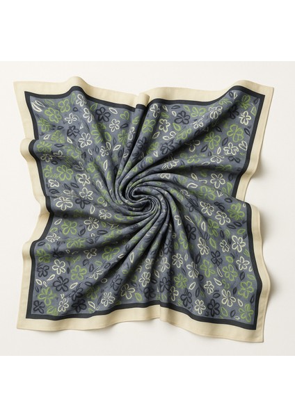 Kadın Mavi Soft Saten Çiçek Desenli Kare Eşarp