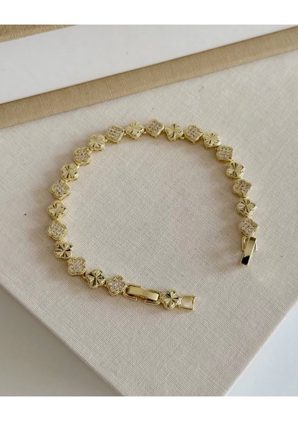 Gold Zirkon Taşlı Yonca Bileklik