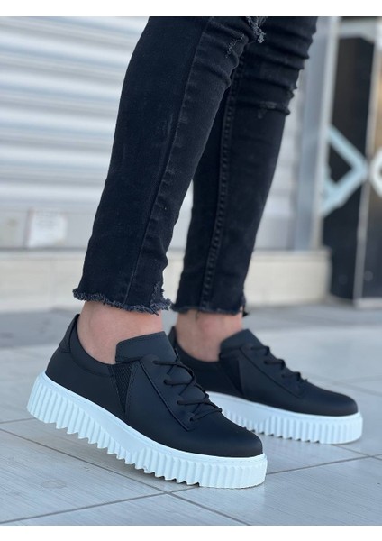 KB-X502 Kuback Siyah Cilt Yüksek Beyaz Taban Bağcık Detaylı Lastikli Günlük Erkek Ayakkabı