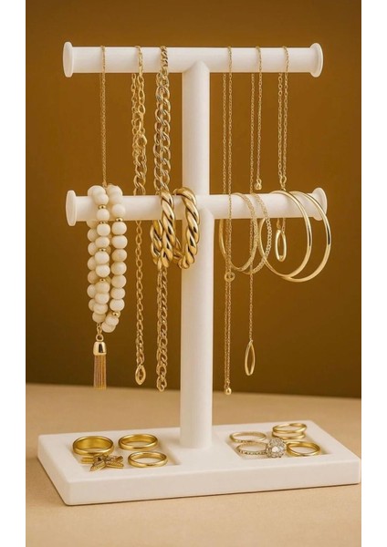 Dekoratif Ikili Takı Standı / Küpe,kolye ve Bileklik Organizeri/ Beyaz Renk/sert Plastik