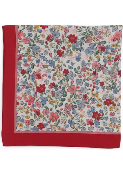 Kadın Renkli Çiçek Desenli Eşarp – Kırmızı Bordürlü Modern Tasarım