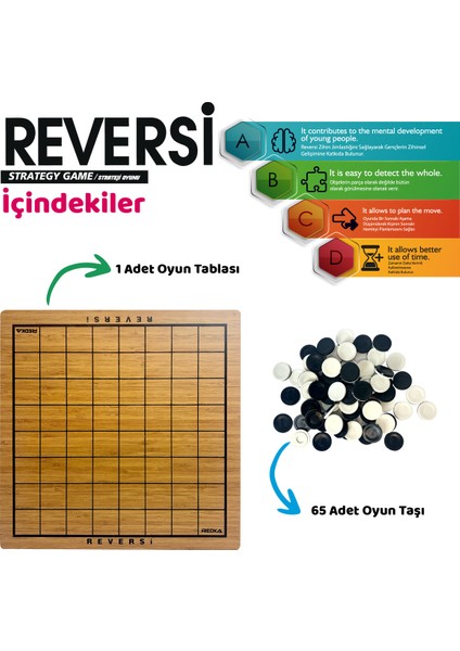 Reversi Ahşap Strateji Oyunu – 8x8 Tahta, 64 Taş, 2 Kişilik, Aile ve Çocuklar İçin Eğlenceli Masa Oyunu