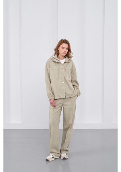 Haki Kadın Pike Dokulu Bel Ayarlanabilir Oversize Ceket Pantolon Takım