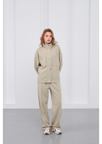 Haki Kadın Pike Dokulu Bel Ayarlanabilir Oversize Ceket Pantolon Takım fiyatları