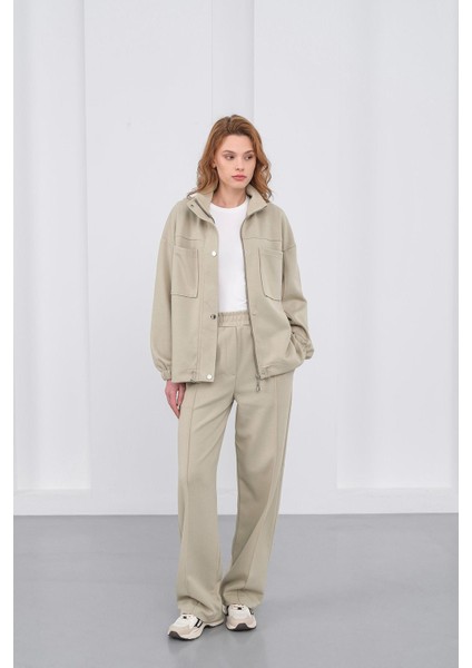 Haki Kadın Pike Dokulu Bel Ayarlanabilir Oversize Ceket Pantolon Takım modelleri