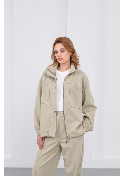 Haki Kadın Pike Dokulu Bel Ayarlanabilir Oversize Ceket Pantolon Takım fırsatları