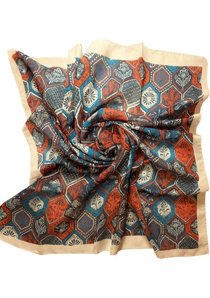 Lacivert Turuncu Etnik Desenli Eşarp