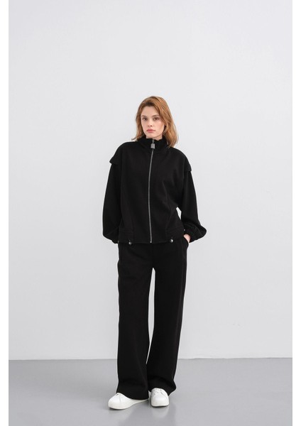 Siyah Kadın Pike Dokulu Bel Ayarlanabilir Fermuar Detaylı Bol Paça Alt-Üst Takım