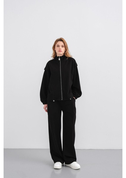 Siyah Kadın Pike Dokulu Bel Ayarlanabilir Fermuar Detaylı Bol Paça Alt-Üst Takım fiyatları