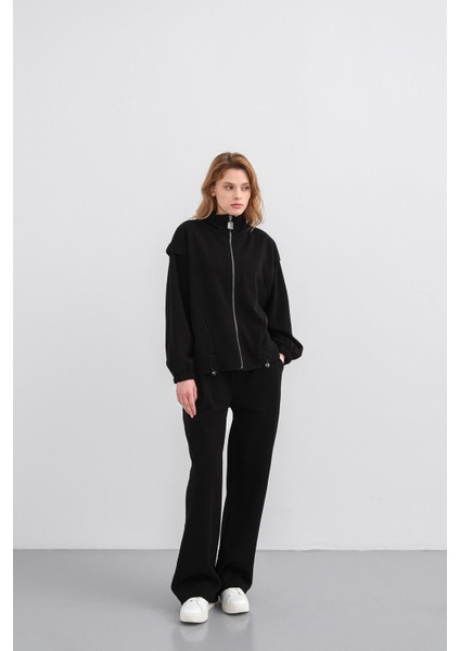 Siyah Kadın Pike Dokulu Bel Ayarlanabilir Fermuar Detaylı Bol Paça Alt-Üst Takım modelleri