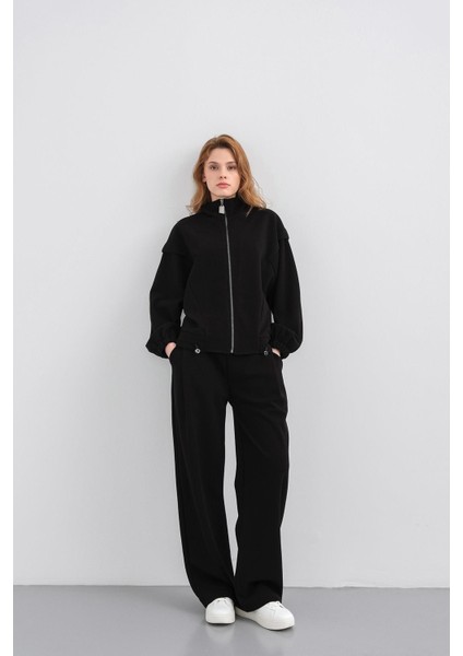 Siyah Kadın Pike Dokulu Bel Ayarlanabilir Fermuar Detaylı Bol Paça Alt-Üst Takım indirimleri