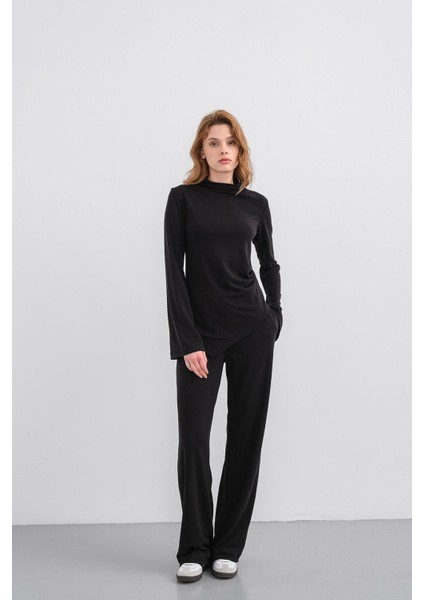 Siyah Kadın Yumuşak Dokulu Premium Modal Balıkçı Yaka Asimetrik Kesim Alt-Üst Takım
