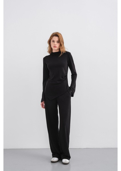 Siyah Kadın Yumuşak Dokulu Premium Modal Balıkçı Yaka Asimetrik Kesim Alt-Üst Takım fiyatları