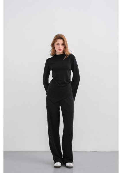 Siyah Kadın Yumuşak Dokulu Premium Modal Balıkçı Yaka Asimetrik Kesim Alt-Üst Takım modelleri