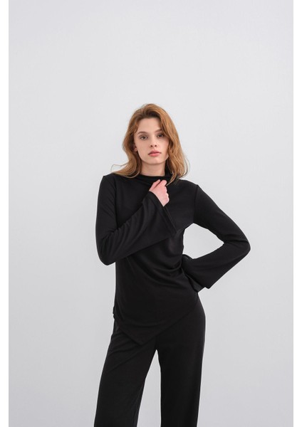 Siyah Kadın Yumuşak Dokulu Premium Modal Balıkçı Yaka Asimetrik Kesim Alt-Üst Takım fırsatları