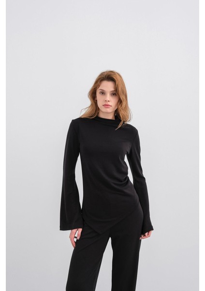 Siyah Kadın Yumuşak Dokulu Premium Modal Balıkçı Yaka Asimetrik Kesim Alt-Üst Takım indirimleri