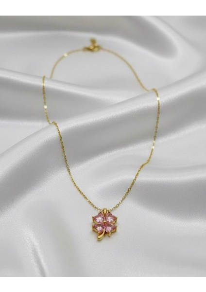 Kadın Taşlı Yonca Kolye Gold 316L Çelik