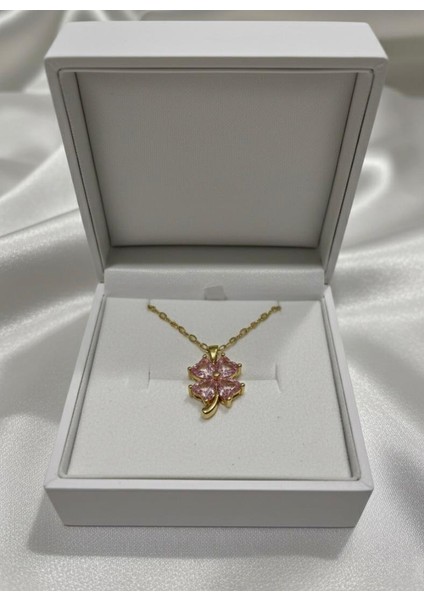 Kadın Taşlı Yonca Kolye Gold 316L Çelik indirimleri