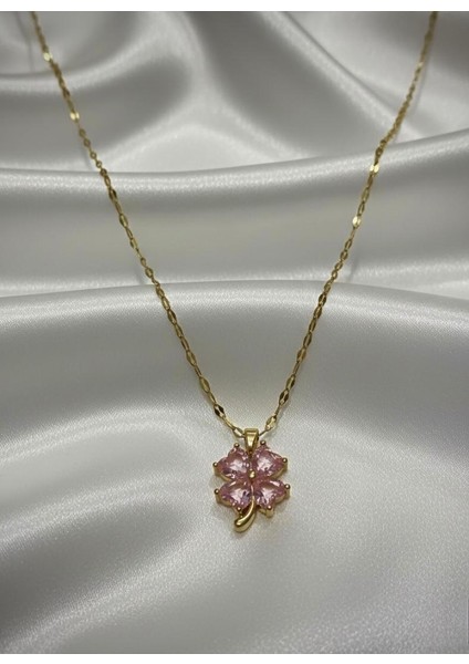 Kadın Taşlı Yonca Kolye Gold 316L Çelik