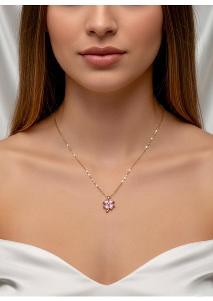 Kadın Taşlı Yonca Kolye Gold 316L Çelik