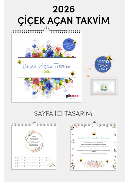 2026 Yeni Yıl Takvimi Çiçek Açan Takvim - Masa ve Duvar Tipi, Tohum Zarfı Hediyeli