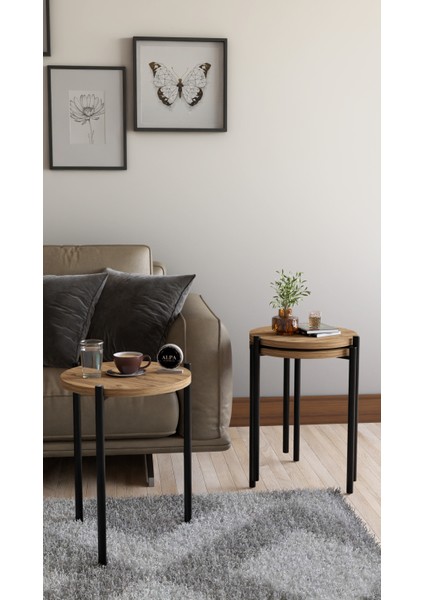 3'lü Yuvarlak Zigon Sehpa Seti | Metal Ayaklı Salon Oturma Odası Yan Sehpa - Kahve Sehpası modelleri