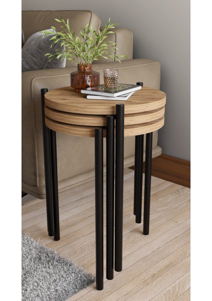 3'lü Yuvarlak Zigon Sehpa Seti | Metal Ayaklı Salon Oturma Odası Yan Sehpa - Kahve Sehpası indirimleri