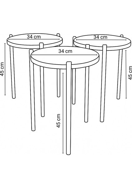 3'lü Yuvarlak Zigon Sehpa Seti | Metal Ayaklı Salon Oturma Odası Yan Sehpa - Kahve Sehpası