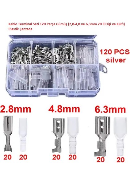 Kablo Terminal Seti 120 Parça Gümüş ( 2,8-4,8 ve 6,3mm 20 Li Dişi ve Kılıfı ) Plastik Çantada