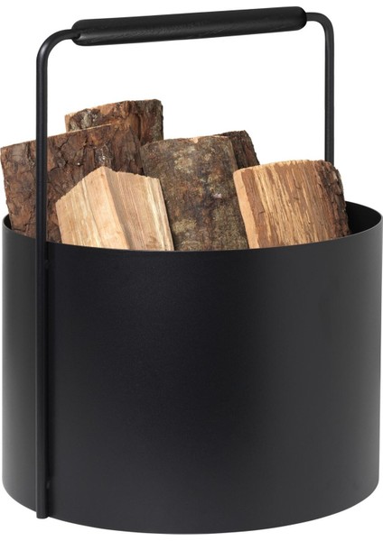 Siyah Ahşap Saplı Dekoratif Metal Odunluk Kova-Sepet-Şömine