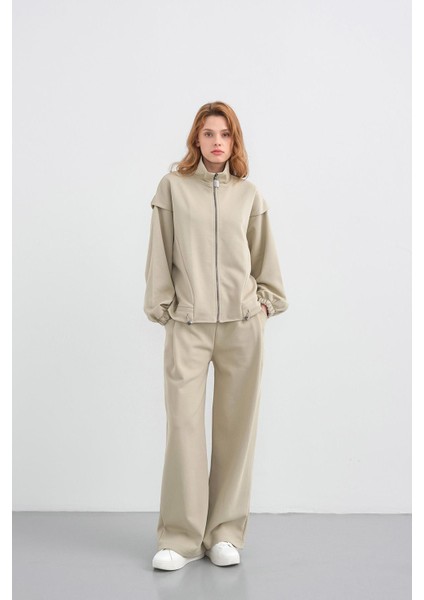 Haki Kadın Pike Dokulu Bel Ayarlanabilir Fermuar Detaylı Bol Paça Alt-Üst Takım