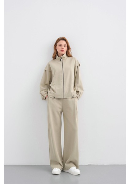 Haki Kadın Pike Dokulu Bel Ayarlanabilir Fermuar Detaylı Bol Paça Alt-Üst Takım indirimleri