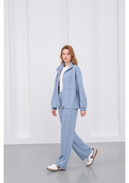 Mavi Kadın Pike Dokulu Bel Ayarlanabilir Oversize Ceket Pantolon Takım