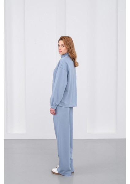 Mavi Kadın Pike Dokulu Bel Ayarlanabilir Oversize Ceket Pantolon Takım indirimleri