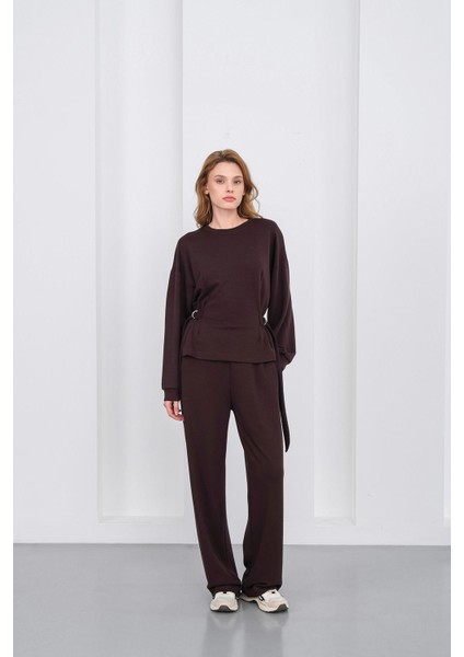 Kahve Kadın Premium Modal D Toka Süs Kemerli Alt-Üst Takım