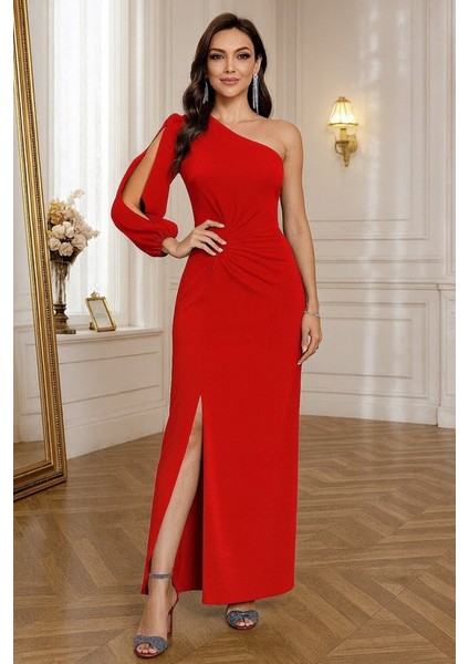 Tek Omuz Açık Derin Yırtmaçlı Krep Tam Boy Elbise