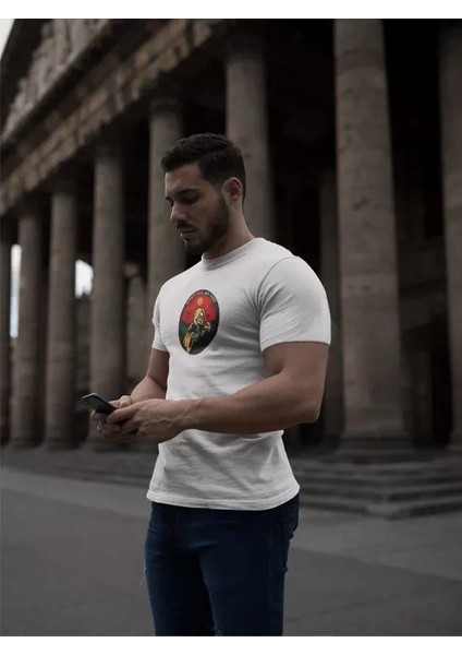 Unisex Bisiklet Yaka Baskılı Oversize T-Shirt - Beyaz