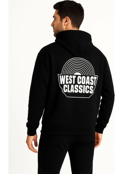 Erkek Üç Iplik Kapüşonlu Ön ve Arka Baskılı Sweatshirt Hoodie - Siyah fırsatları