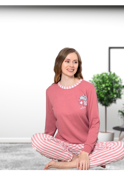 Love Kalp Desenli Pamuk Kadın Pijama Takımı (Pembe) Pembe XL fırsatları
